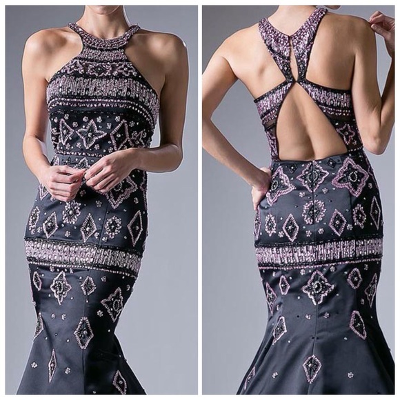 Black Satin Embellished Formal Dress - Picture 2 of 8